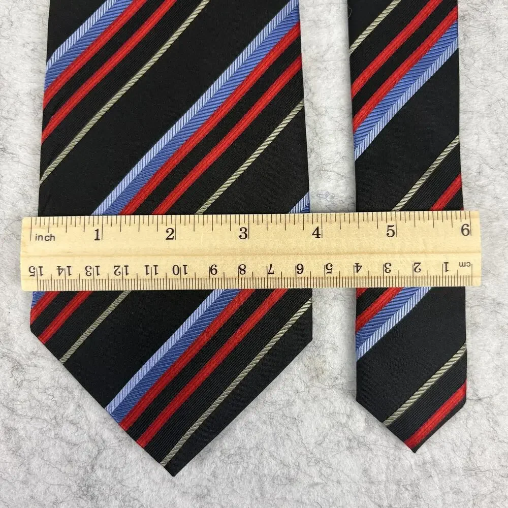 Dona Black Silk Striped Men's Tie Hand Made Diagonal Red Blue Gold NWT 58